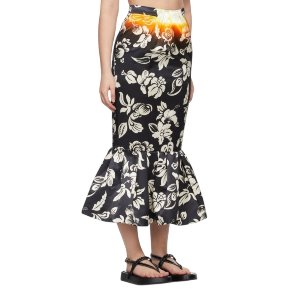 MERYLL ROGGE Black Satin Tropical Neon Floral High Rise Tiered Midi Skirt sz 40